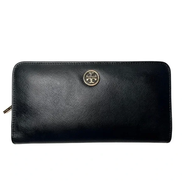 Tory Burch Wallet Womens Snap Closure Black Saffiano Leather Gold Logo 4.5"x8.5" - Picture 1 of 7